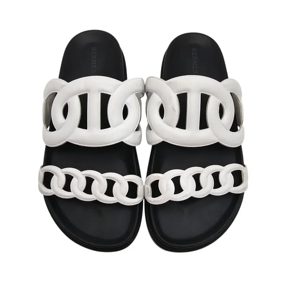 Hermes Extra Sandal Flat Slide Double Strap Black White Leather Size 38 US 8